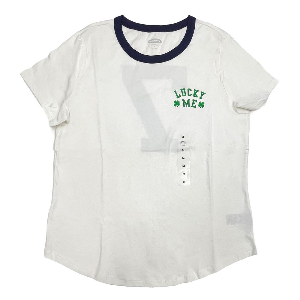 Old Navy Lucky Me Ringer Tee Sz M New White Cotton Short Sleeve Graphic T-Shirt
